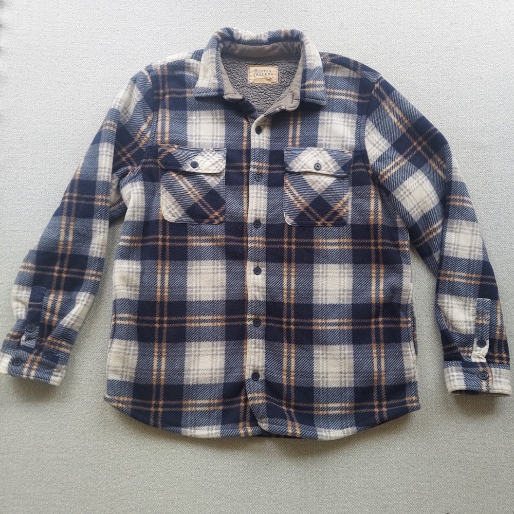 Boston Traders Shirt Jacket Mens L Blue Plaid Night Sky Sherpa Lined Fleece